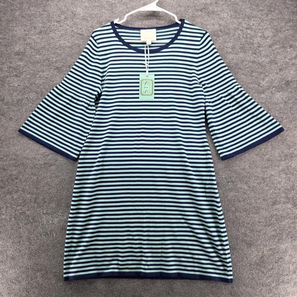 Sail to Sable Dress Womens Medium Aqua Navy Stripe Bell Sleeve TXSU1842